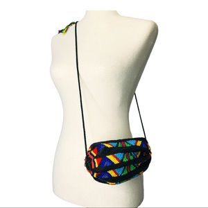 Vintage Mini Purse Shoulder Bag Beaded Colorful Geometric African Tribal Zipped